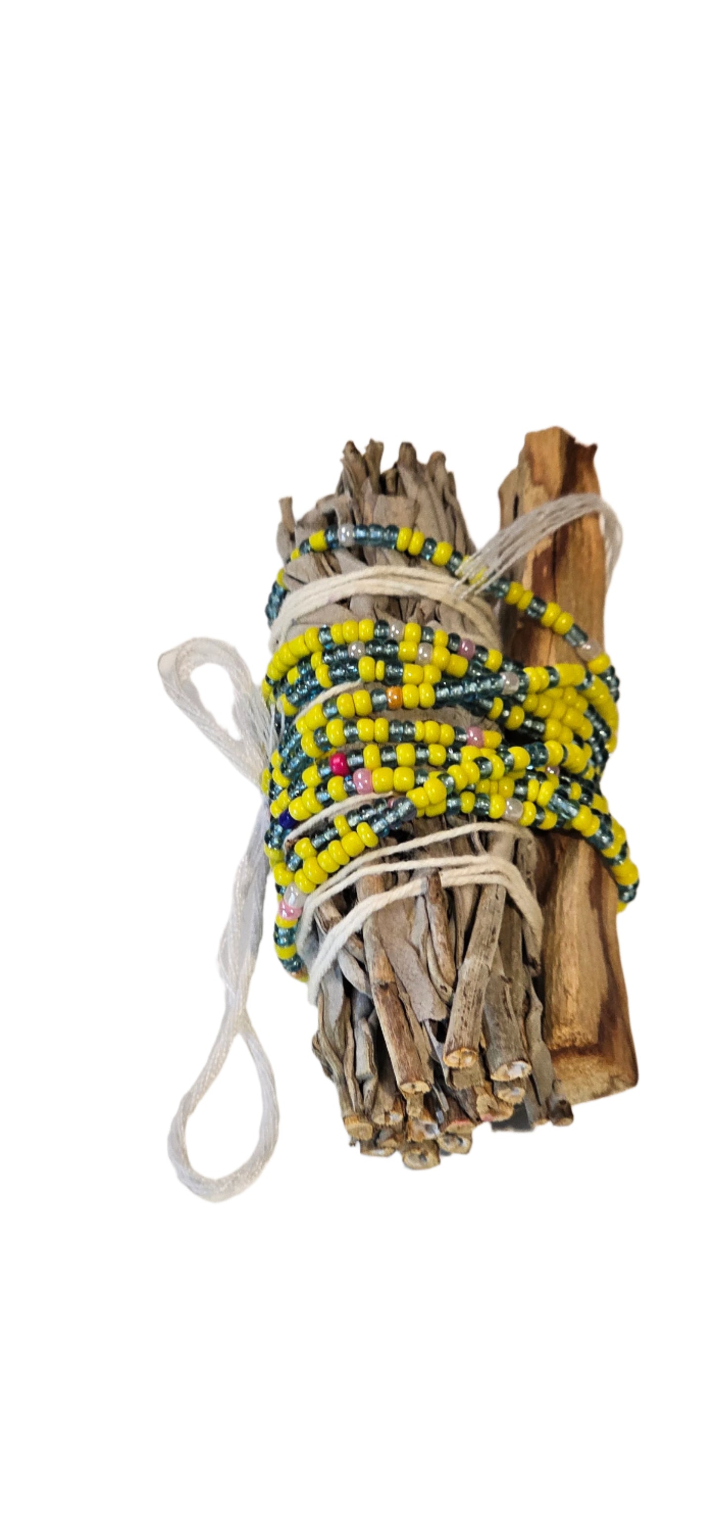 Bundle of sticks with a yellow and blue paracord on a white background