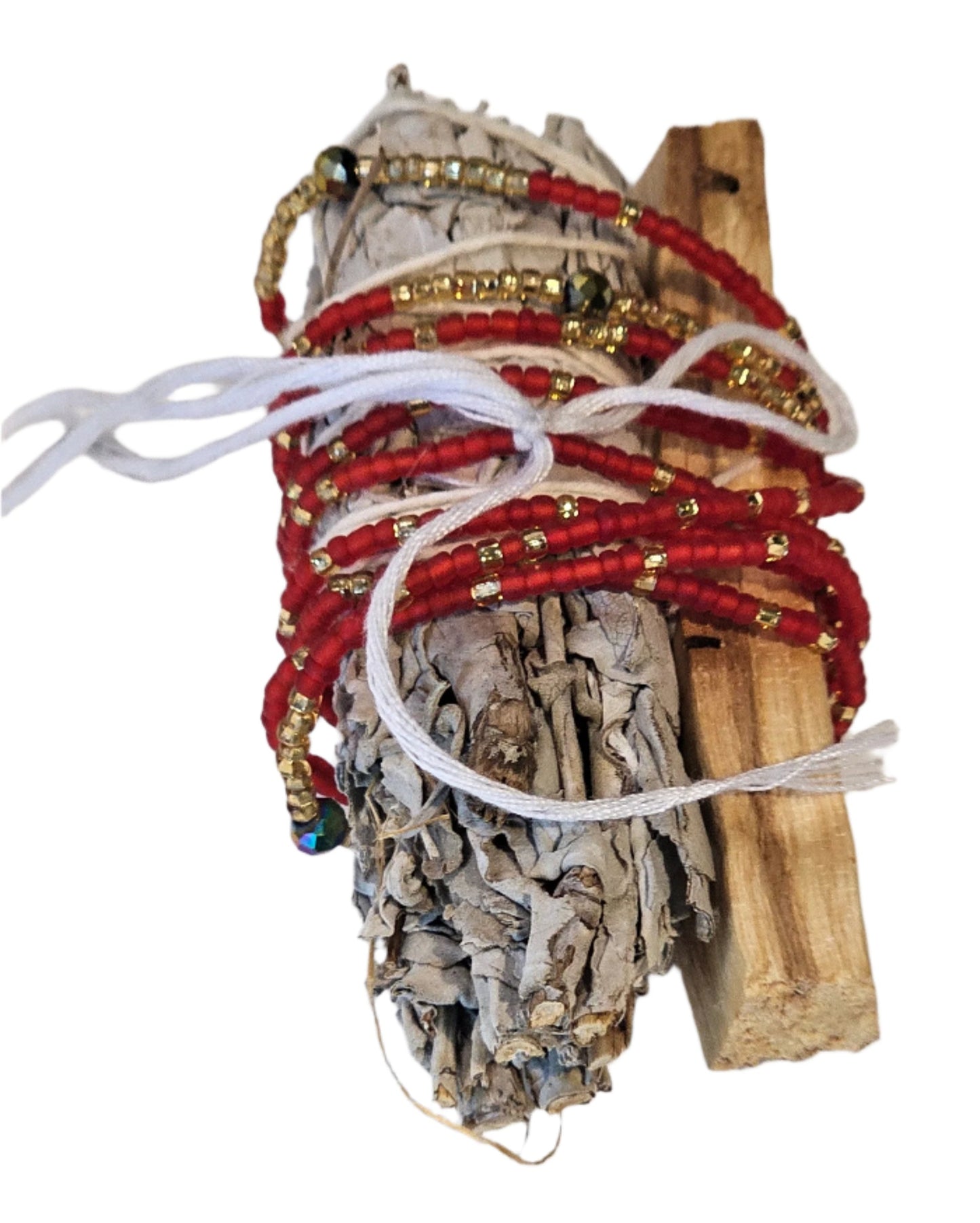 Decorative item with beads and wood on a white background