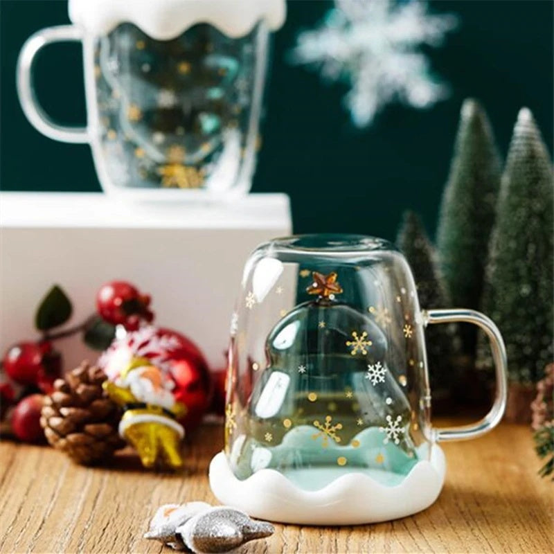 Cute Christmas Tree Mug,High Borosilicate Double Layer Glass Cup With Handle For Milk,Heat-resistant Coffee Cups Christmas Gifts