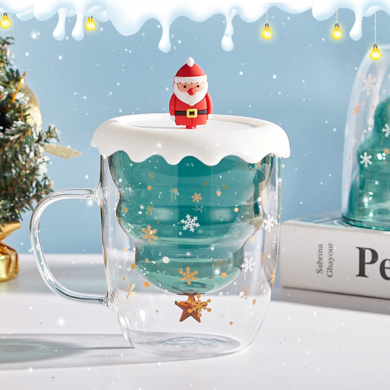 Cute Christmas Tree Mug,High Borosilicate Double Layer Glass Cup With Handle For Milk,Heat-resistant Coffee Cups Christmas Gifts