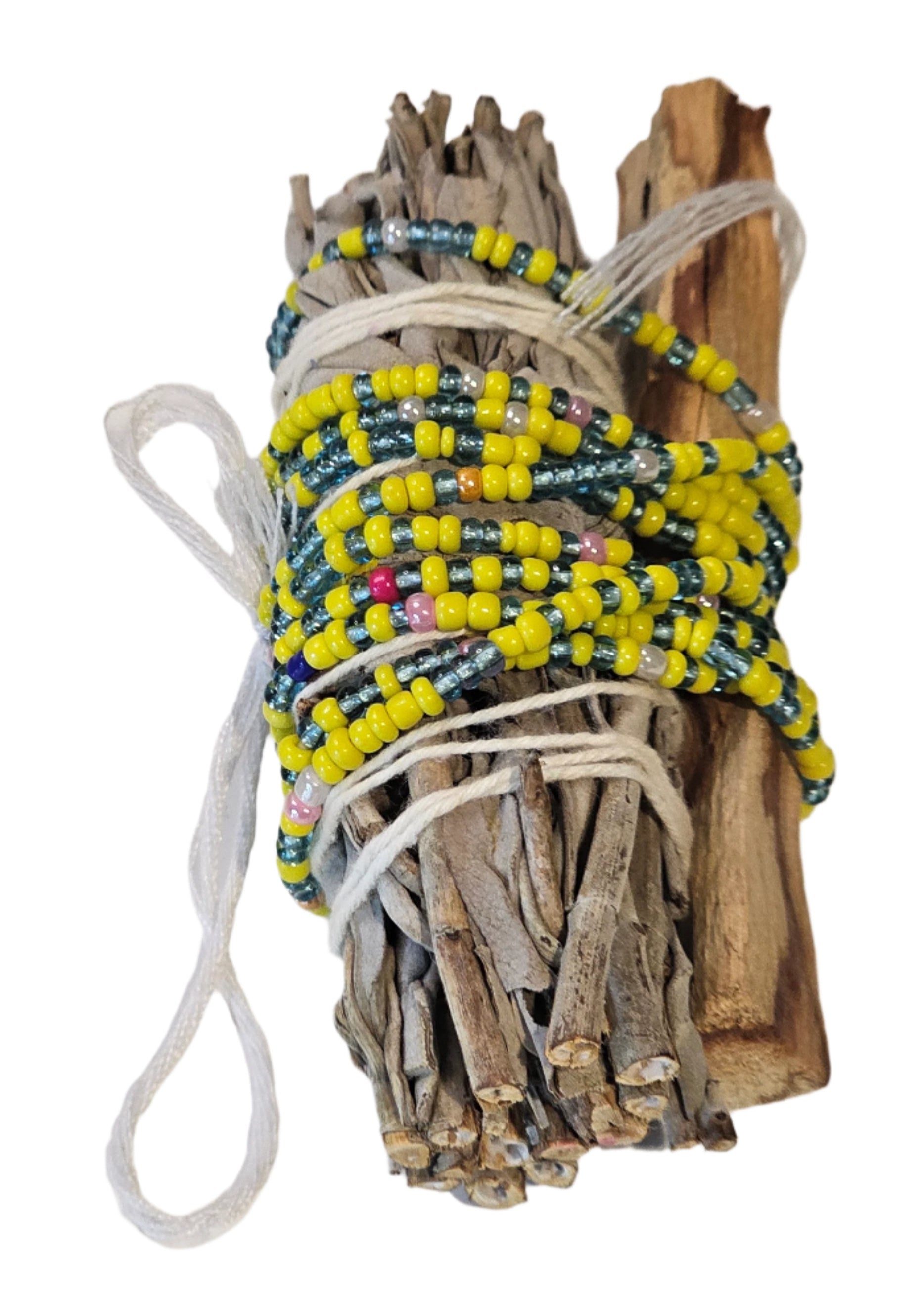Beaded bracelets on a stick with a white background