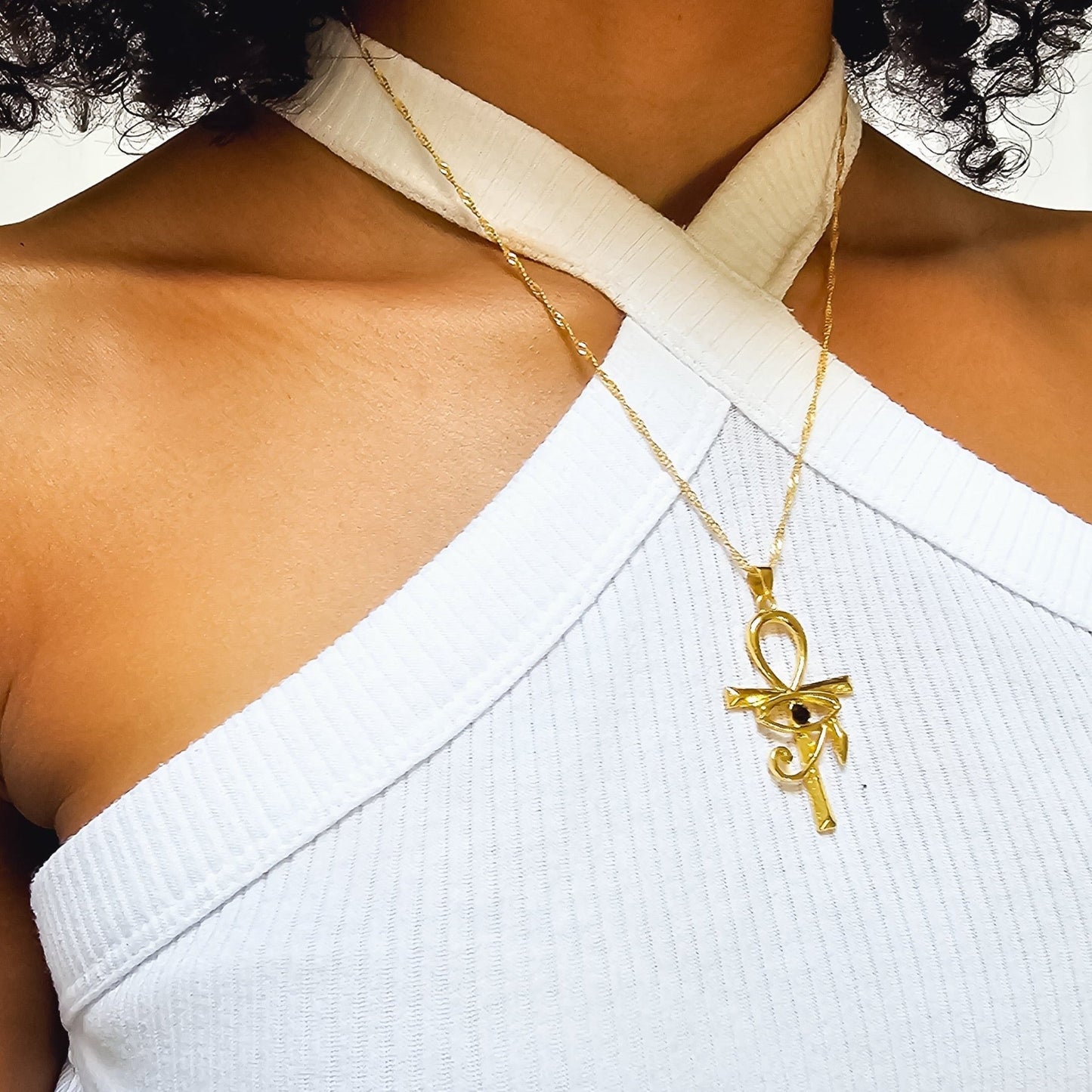 18K Gold Necklace Ankh with Evil Eye PendantNecklace