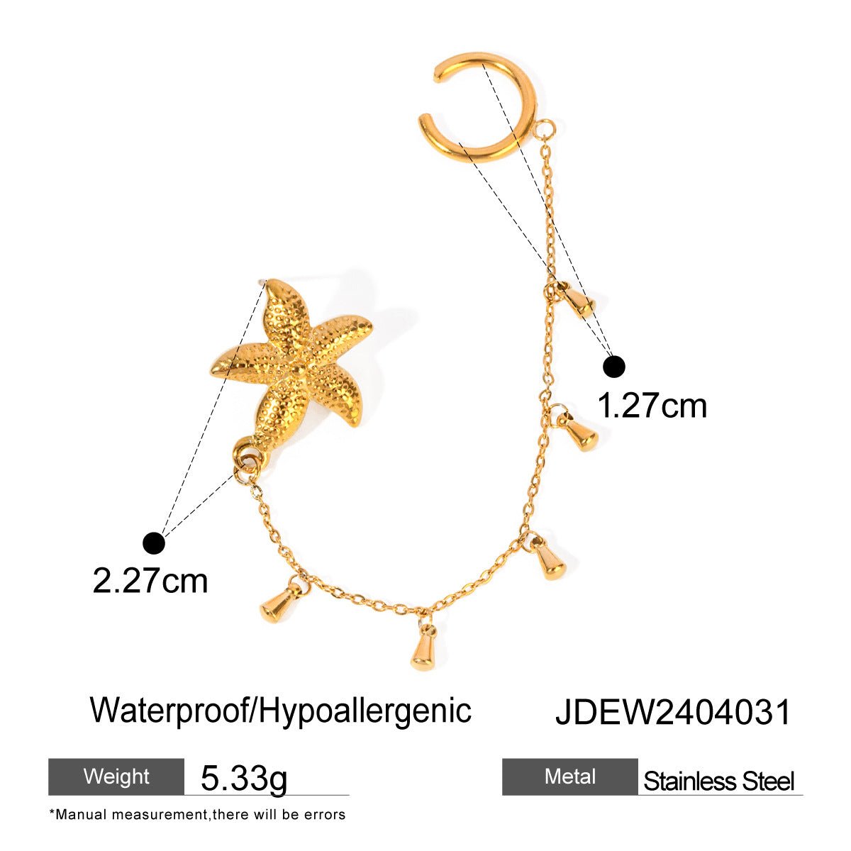 18K Gold Stainless Steel Single Starfish Rhinestone Ear ClipCuff Earings