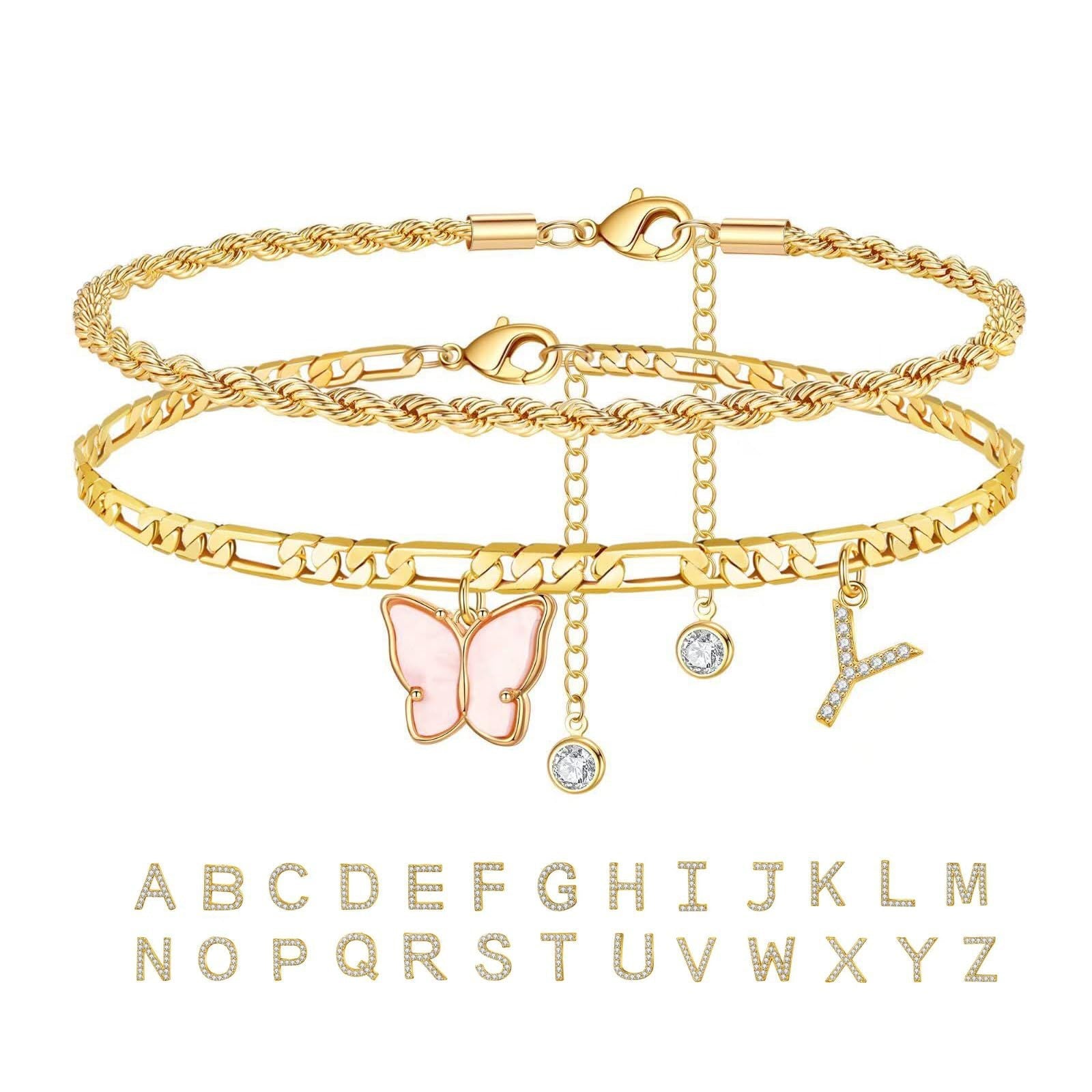 26 Letters Foot Ornaments Ladies Butterfly Double Layer StackAnklets