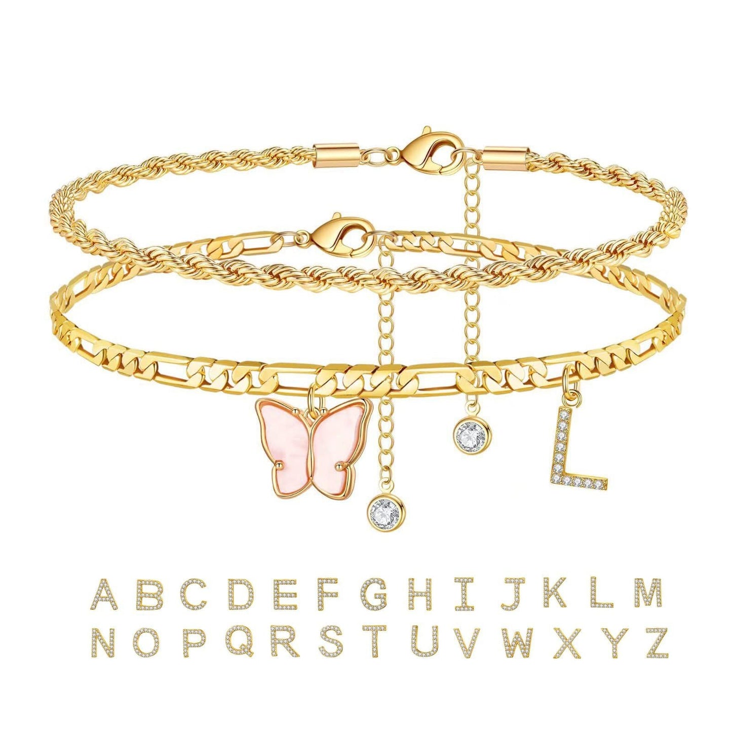 26 Letters Foot Ornaments Ladies Butterfly Double Layer StackAnklets