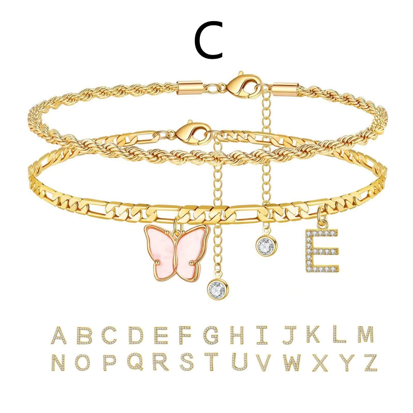 26 Letters Foot Ornaments Ladies Butterfly Double Layer StackAnklets