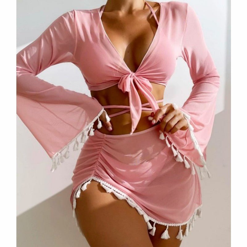 4pcs Solid Color Bikini With Short Skirt And Long Sleeve Cover - up Fashion Bow Tie Fringed Swimsuit Set Summer Beach Womens ClothingReady - To - Wear