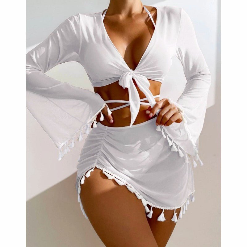 4pcs Solid Color Bikini With Short Skirt And Long Sleeve Cover - up Fashion Bow Tie Fringed Swimsuit Set Summer Beach Womens ClothingReady - To - Wear