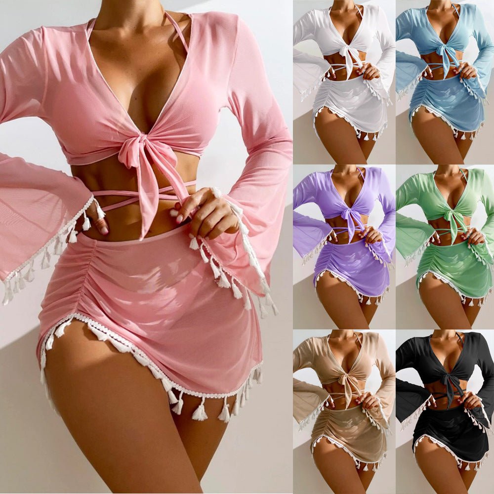 4pcs Solid Color Bikini With Short Skirt And Long Sleeve Cover - up Fashion Bow Tie Fringed Swimsuit Set Summer Beach Womens ClothingReady - To - Wear