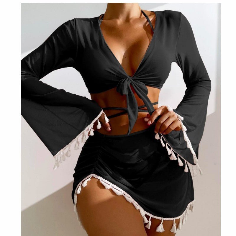 4pcs Solid Color Bikini With Short Skirt And Long Sleeve Cover - up Fashion Bow Tie Fringed Swimsuit Set Summer Beach Womens ClothingReady - To - Wear