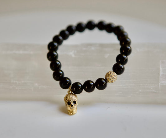 Black Agate and CZ Skeleton Pendant Stretch BraceletBracelet