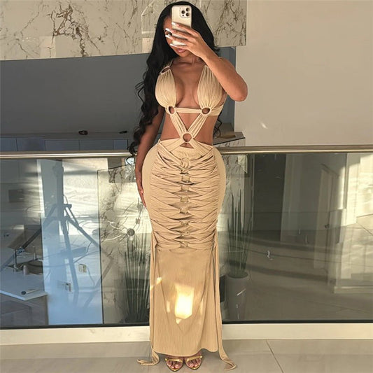 European And American Sexy Hot Girl Hollow - out Ripped Lace - up High Waist Figure Flattering Sheath DressDresses & Jumpsuits