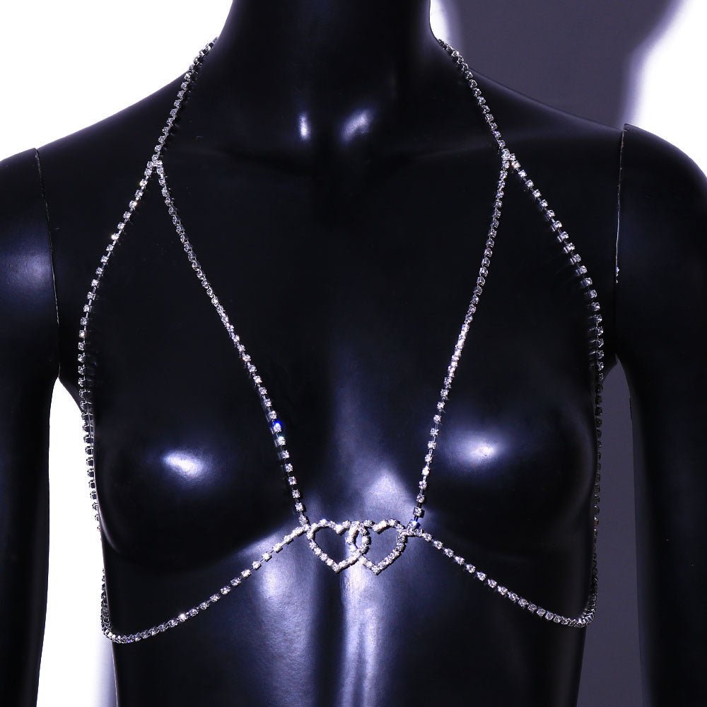 Fashion Shining Double Heart Halter Neck Chest Body ChainBody CHain