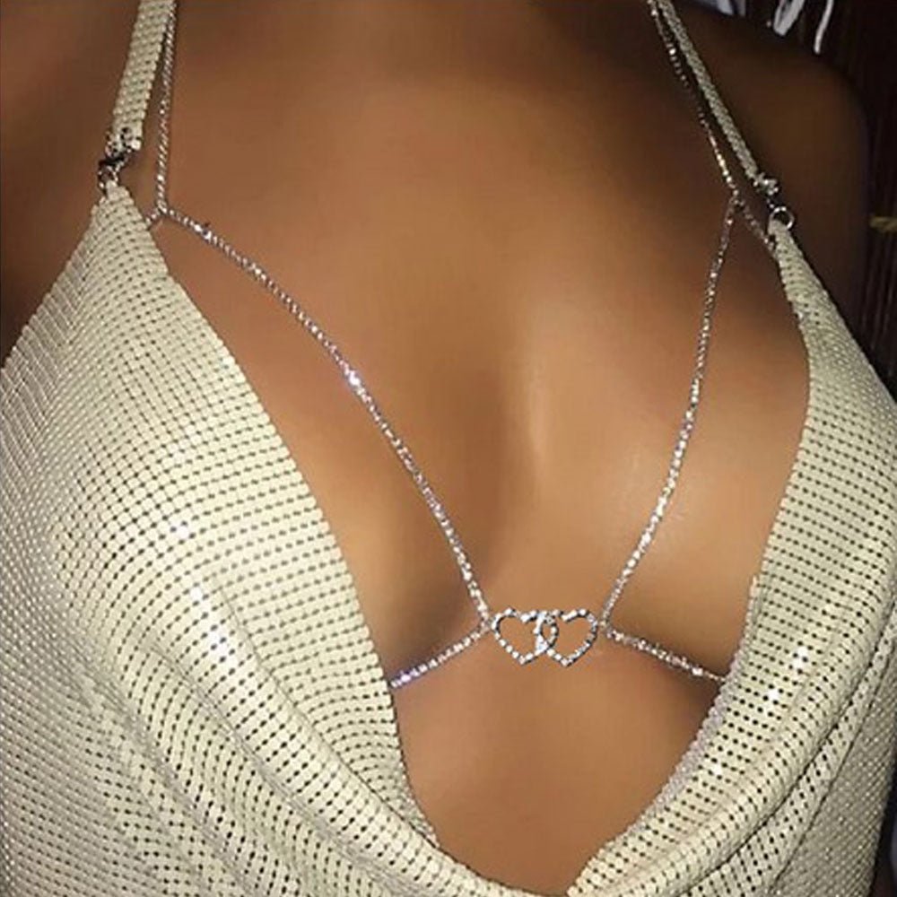 Fashion Shining Double Heart Halter Neck Chest Body ChainBody CHain