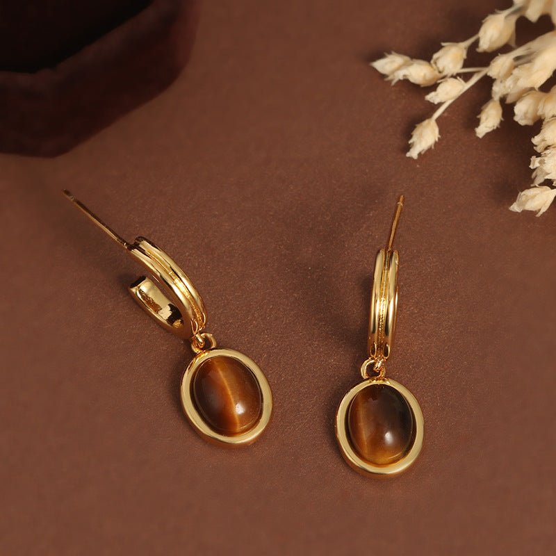 French Tiger Eye Vintage Court Style Gold Geometric Earringsearing