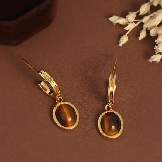 French Tiger Eye Vintage Court Style Gold Geometric Earringsearing