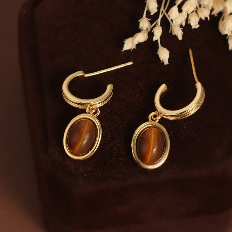 French Tiger Eye Vintage Court Style Gold Geometric Earringsearing