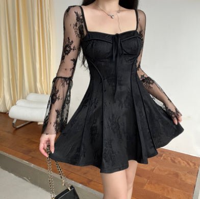 Lace Square Collar Dress Bell - bottom Long Sleeve Tied A - Line Dresses Womens ClothingDresses & Jumpsuits