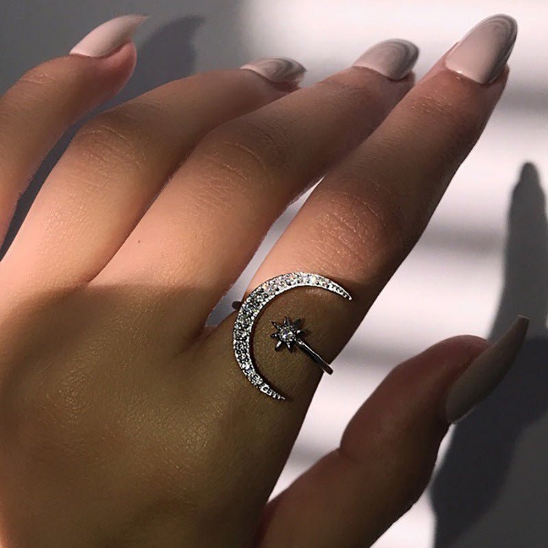 Moon And Star Opening Rings Fashion Rhinestones Personalized Jewelry For WomenRings