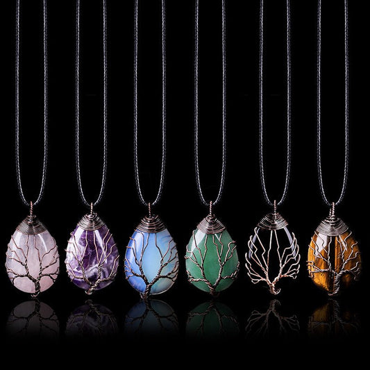 Natural Stone Crystal Drop - shaped Winding Tree Of Life Pendant Necklace JewelryNecklace