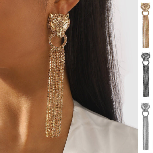 Personalized Leopard Head Earrings With Tassel Rhinestones Trendy Fashion Jewelry Luxury Long Earrings For Womenearings