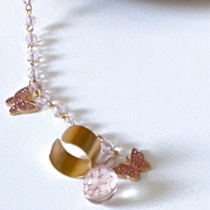 Pink and Gold beaded waist chain with Pink Butterflies with Pink Floral RingBody/Waist Chain