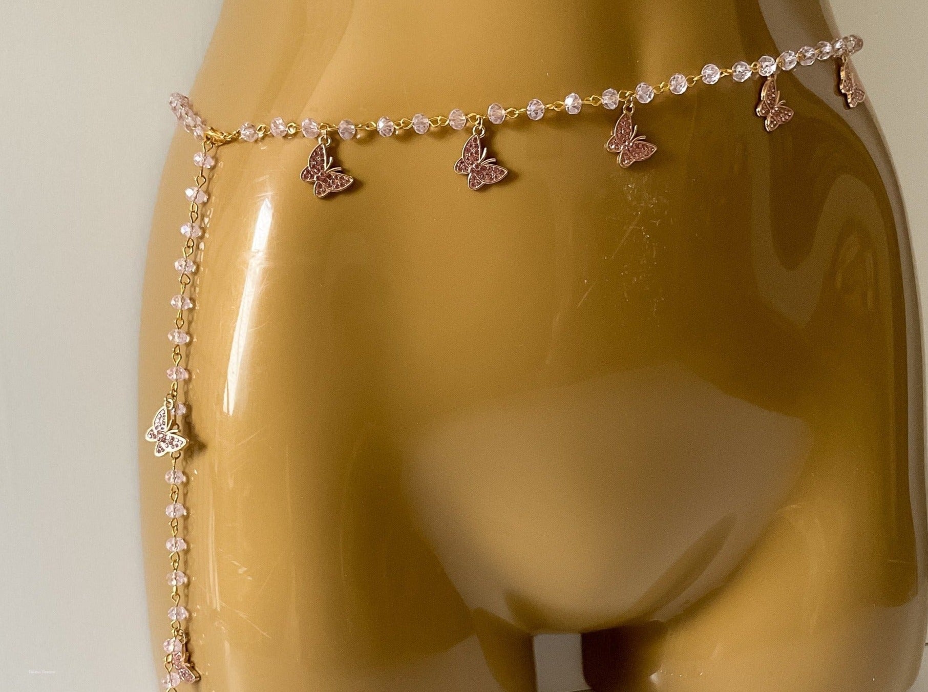 Pink and Gold beaded waist chain with Pink Butterflies with Pink Floral RingBody/Waist Chain