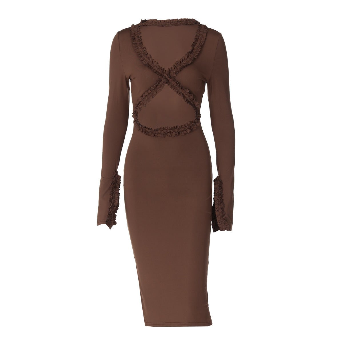 Pleated Lace Fall V - neck Sexy Cutout Slim Long Sleeve DressDresses & Jumpsuits