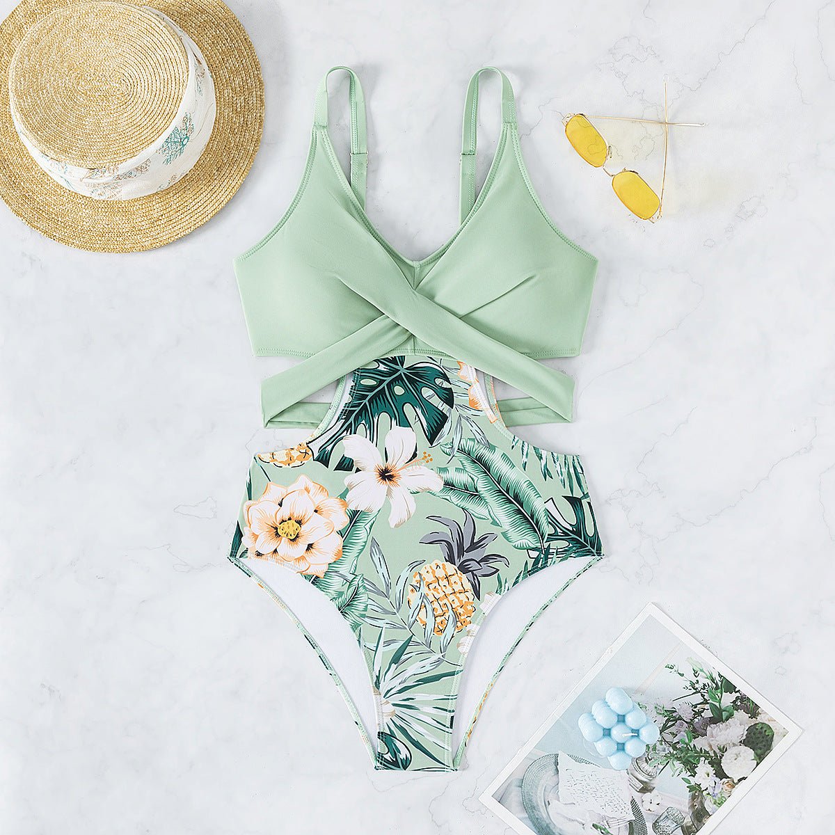 Printed Hollow Out Tied One - piece BikiniReady to Wear