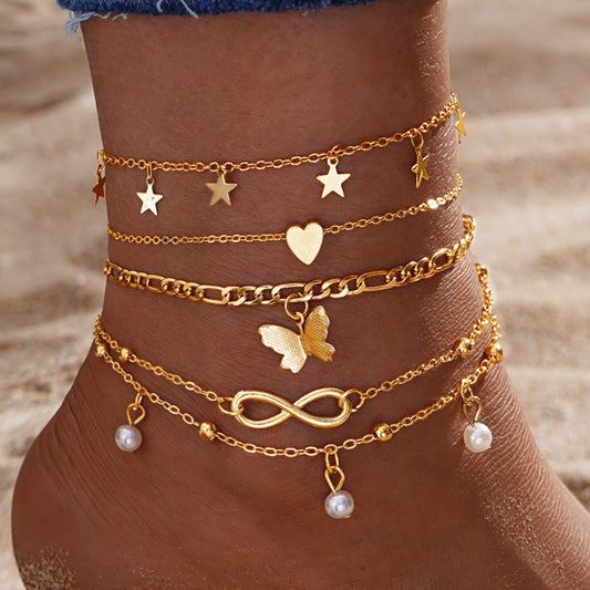 Retro Five Pointed Star Butterfly Feet ChainAnklets