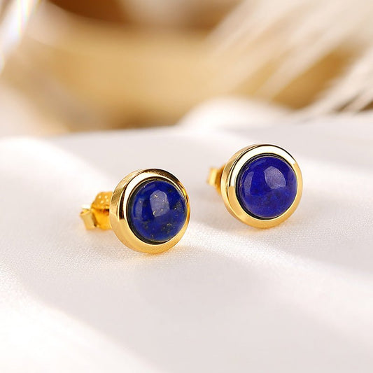 S925 Sterling Silver Gold - plated Lapis Ball Stud Earringsearing