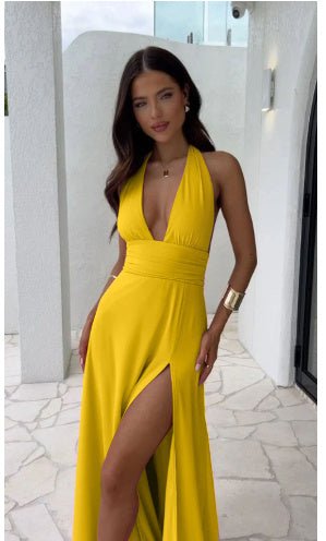 Sexy Halterneck V - neck Slit Dress Summer Backless Strappy Skirt Fashion Temperament Clothing WomenReady - To - Wear