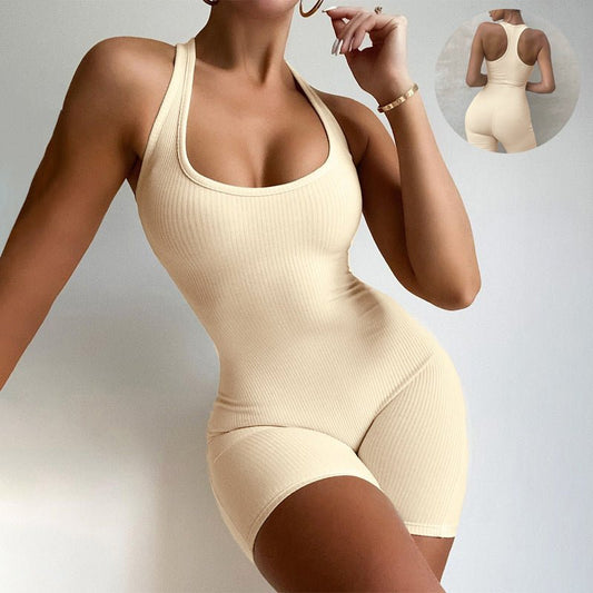 Sleeveless Backless Jumpsuit Colid Color Fitness Sports Yoga Leggings Shorts Bodysuits Women Slim Yoga One Piece RompersSports Clothing