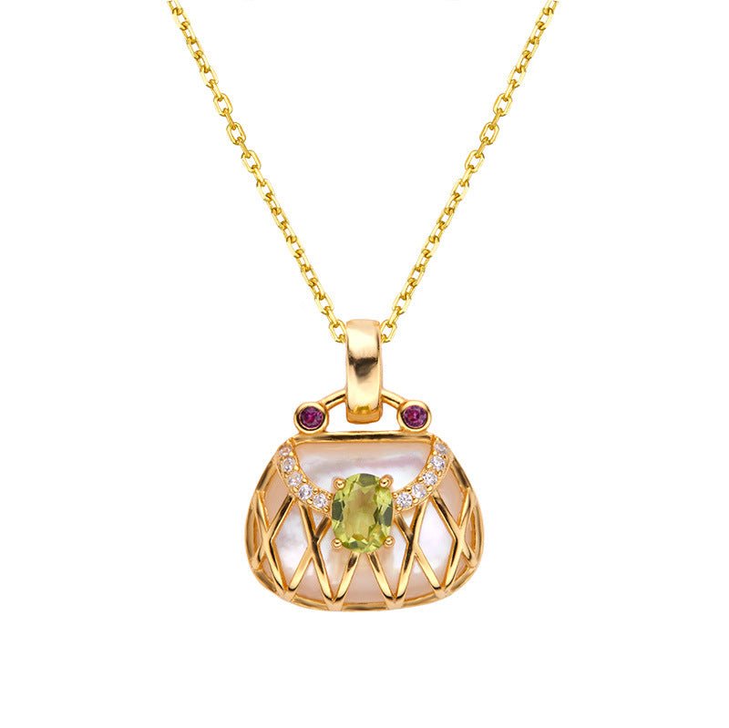 Sterling Silver Inlaid Natural Olivine Necklace Women's Temperament Wild Fashion Gemstone PendantNecklace