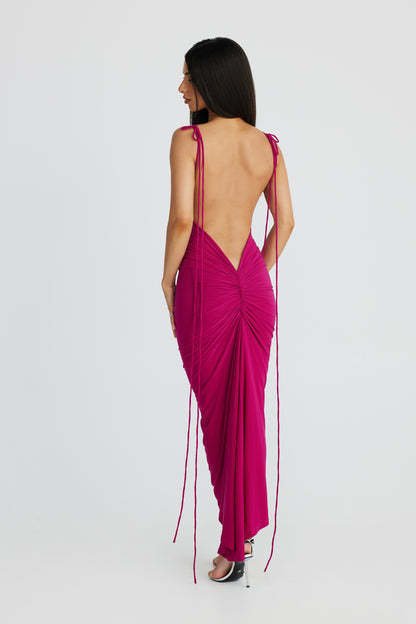 U - neck Shoulder Strap Backless Pleated Sheath Long Solid Color DressDresses & Jumpsuits