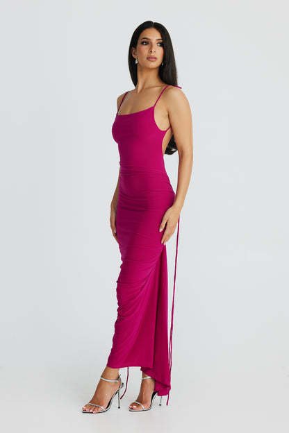 U - neck Shoulder Strap Backless Pleated Sheath Long Solid Color DressDresses & Jumpsuits