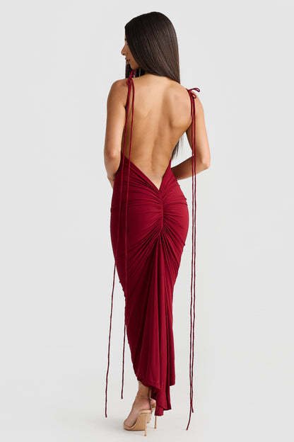 U - neck Shoulder Strap Backless Pleated Sheath Long Solid Color DressDresses & Jumpsuits