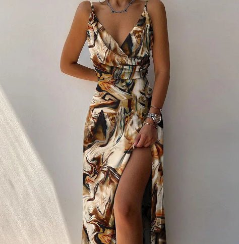 V - neck Slip Dress Low Cut Printed Slit DressReady - To - Wear