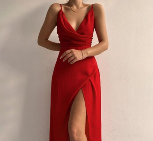 V - neck Slip Dress Low Cut Printed Slit DressReady - To - Wear