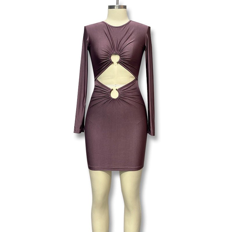 Women's Skirt Slim Fit Midriff Outfit Metal Buckle Long Sleeve Short DressDresses & Jumpsuits