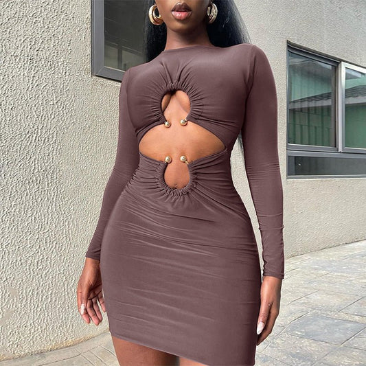 Women's Skirt Slim Fit Midriff Outfit Metal Buckle Long Sleeve Short DressDresses & Jumpsuits