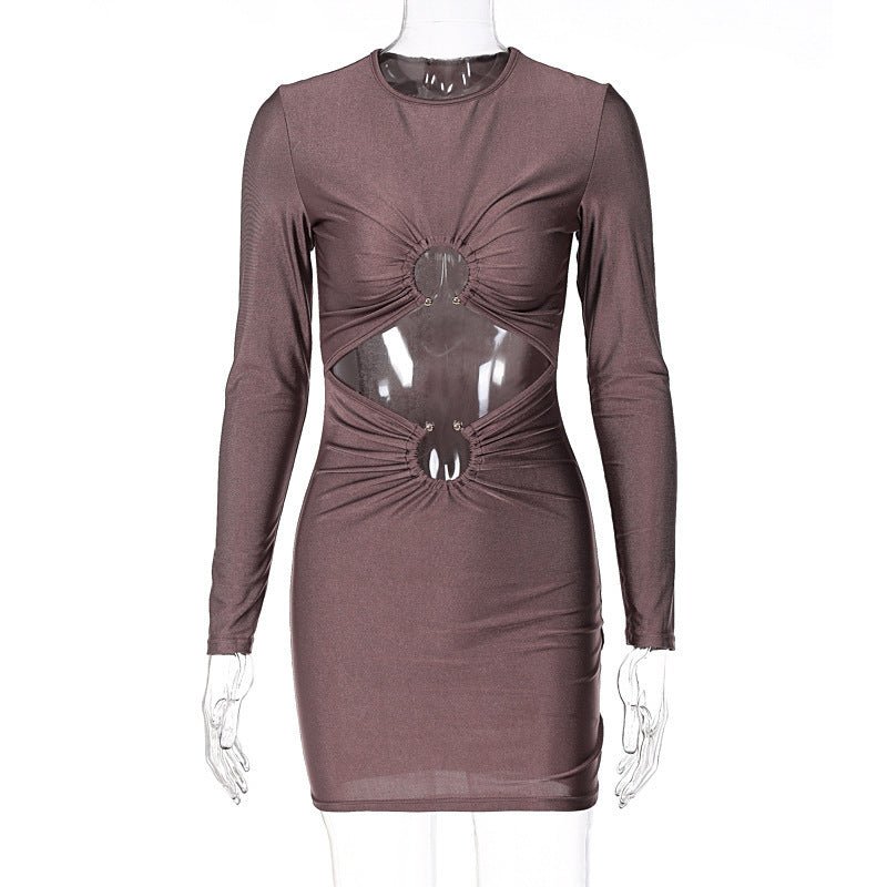 Women's Skirt Slim Fit Midriff Outfit Metal Buckle Long Sleeve Short DressDresses & Jumpsuits