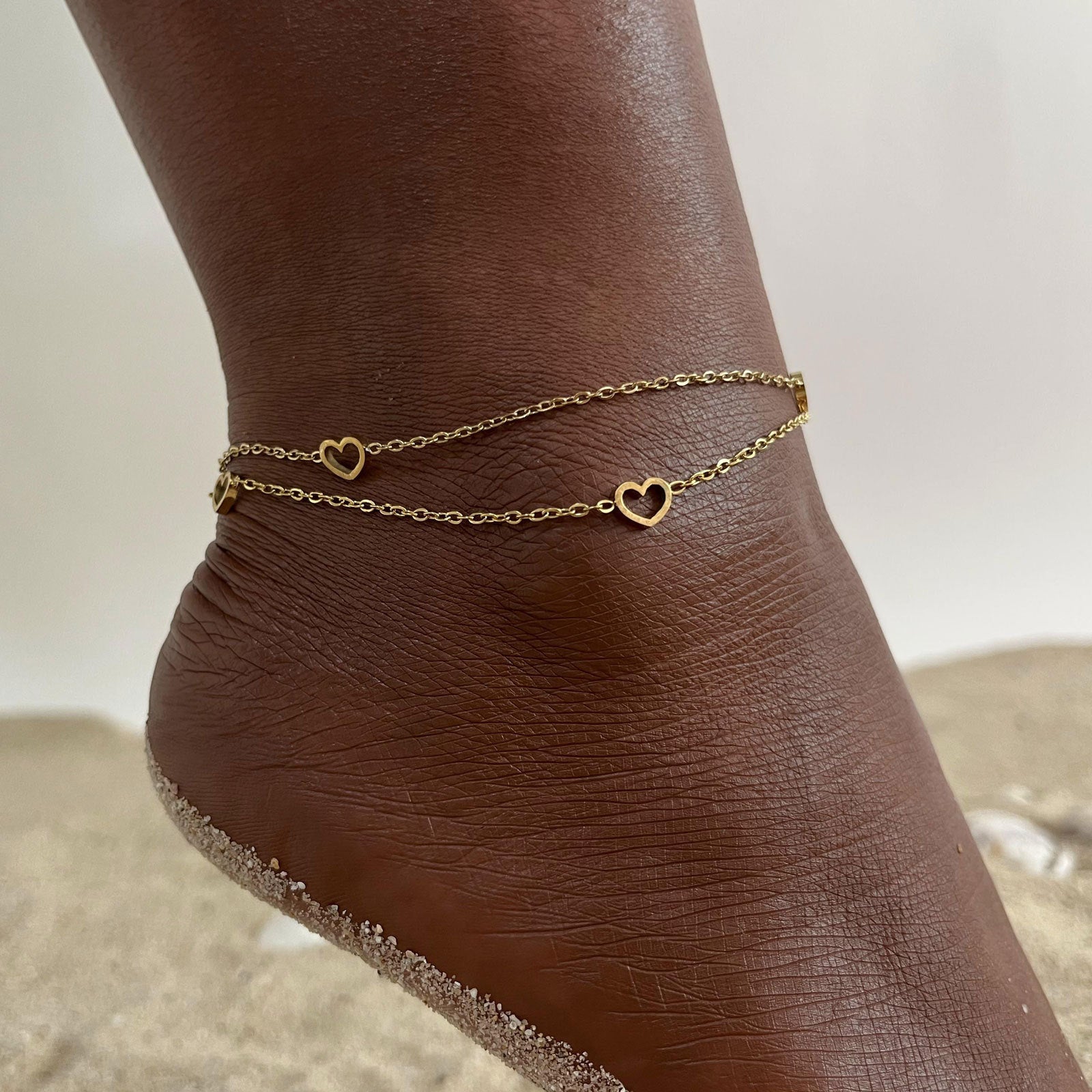 Women's Stainless Steel Double - layer Hollow Heart - shaped Snake AnkletAnklets